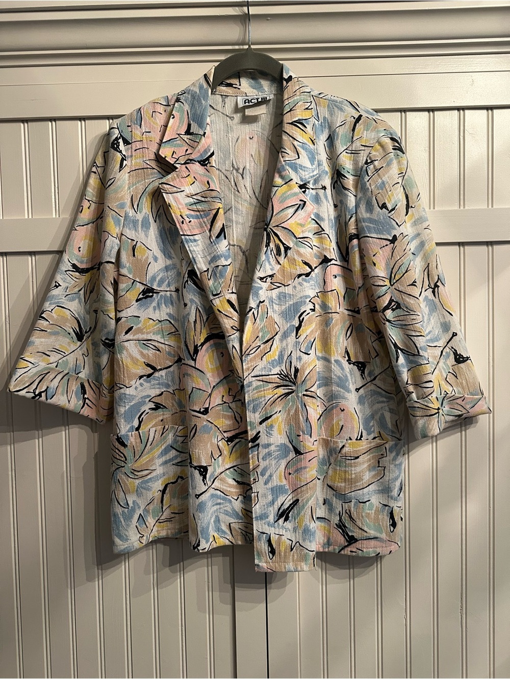 Vintage ACT III Pastel Tropical Palm Leaf Blazer Open Front 3/4 Cuff Sleeve